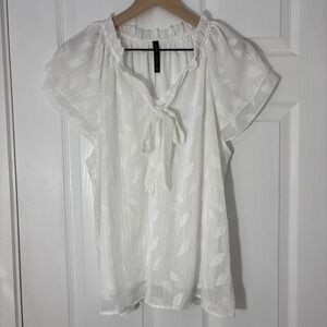 Luna Rae White Blouse Ruffled Neckline Tie Neck Short Cap Sleeves Top XL Lined